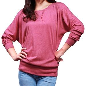 Allegra K Pink Boat Neck Longsleeve Top